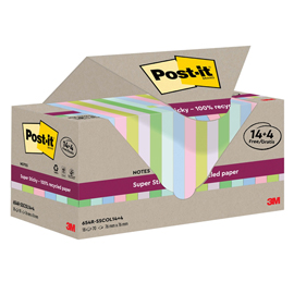 Blocco foglietti Post it  SuperSticky Green - SSCOL14+4 - 76 x 76 mm - carta riciclata - colori pastello assortiti - 70 fogli - Post it  - conf. 18 blocchi