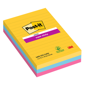 Blocco Post it  Super Sticky - 4690-3SS-CARN - a righe - 101 x 152 mm - colori Carnival - 90 fogli - Post it  - conf. 3 pezzi