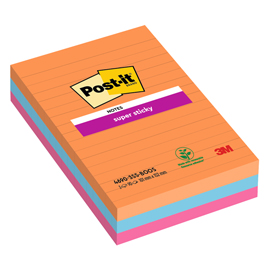 Blocco Post it  Super Sticky - 4690-3SS-BOOS - a righe - 101 x 152 mm - colori Boost - 90 fogli - Post it  - conf. 3 pezzi