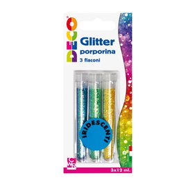 Glitter grana fine - 12 ml - colori assortiti iridescenti - Deco - blister 3 flaconi