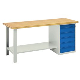 Banco da lavoro - 6 cassetti blu - 200 x 75 x 90 cm - grigio/legno - Tecnotelai