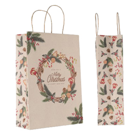 Shopper - maniglie cordino - 18 x 8 x 24 cm - carta kraft - natale ghirlanda verde - Mainetti Bags - conf. 25 pezzi