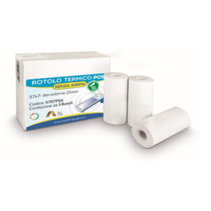 Rotolo per POS e carte di credito - carta termica BPA free - 57 mm x 7 mt - 55 g/m² - diametro esterno 25 mm - senza anima - Rotolificio Pugliese - blister 3 pezzi