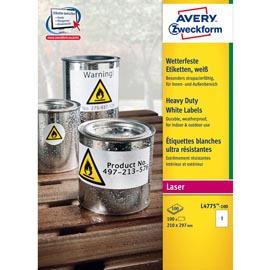 Etichette adesive L4775 - in PE - laser - permanenti - 210 x 297 mm - 1 et/fg - 100 fogli - bianco - Avery