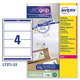 Etichette adesive L7171 - in carta - angoli arrotondati - permanenti - 200 x 60 mm - 4 et/fg - 25 fogli - bianco coprente - Avery