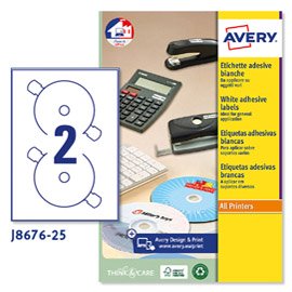 Etichette adesive J8676 - in carta - inkjet - permanenti - diametro CD 117 mm - 2 et/fg - 25 fogli - bianco opaco - Avery